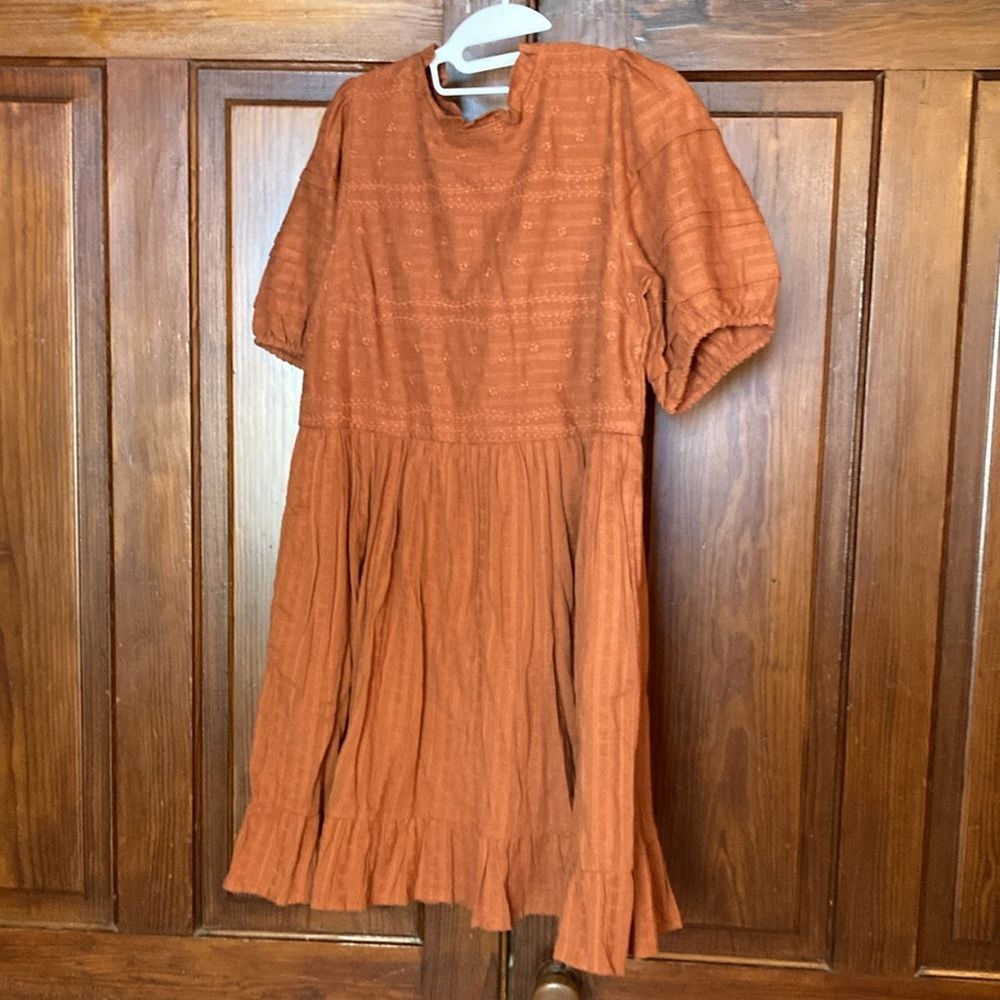 Universal Thread Puff Short Sleeve 100% Cotton Ruffle Mini Dress Burnt Orange S